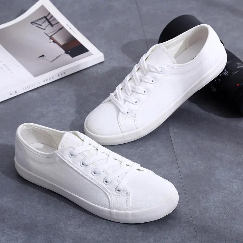 Unisex Białe płócienne buty Casual Letnie wulkanizowane buty Sznurowane Studentki Buty materiałowe Damskie płaskie trampki Damskie buty do deskorolki