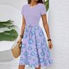 Women's Casual Fashion Belted Floral Printed Short Sleeve Round Neck Elegant Flowing Dress