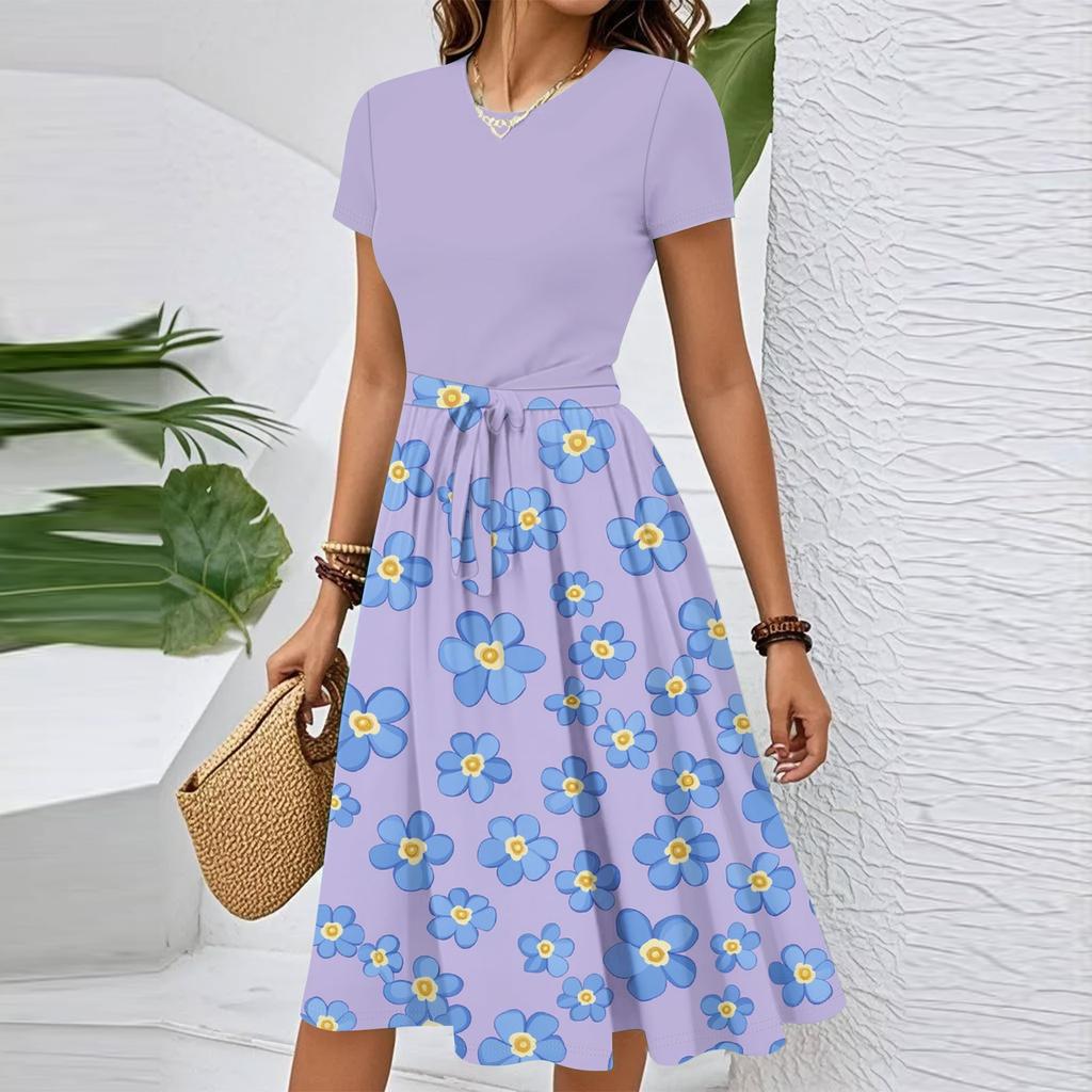 Women's Casual Fashion Belted Floral Printed Short Sleeve Round Neck Elegant Flowing Dress