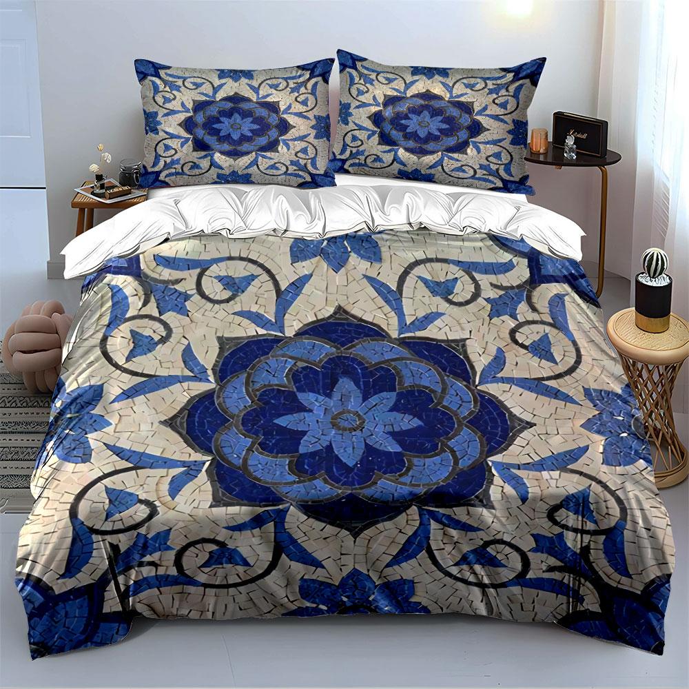 Blue Floral Mosaic Pattern Bedding Duvet Cover Set Duvet Cover Pillowcases  (1*Duvet Cover 2*Pillowcases, Without Duvet Insert)