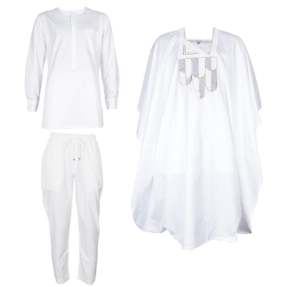 African Men's Traditional Three-Piece Set: Embroidered Robe, Pants, and Matte Cloth