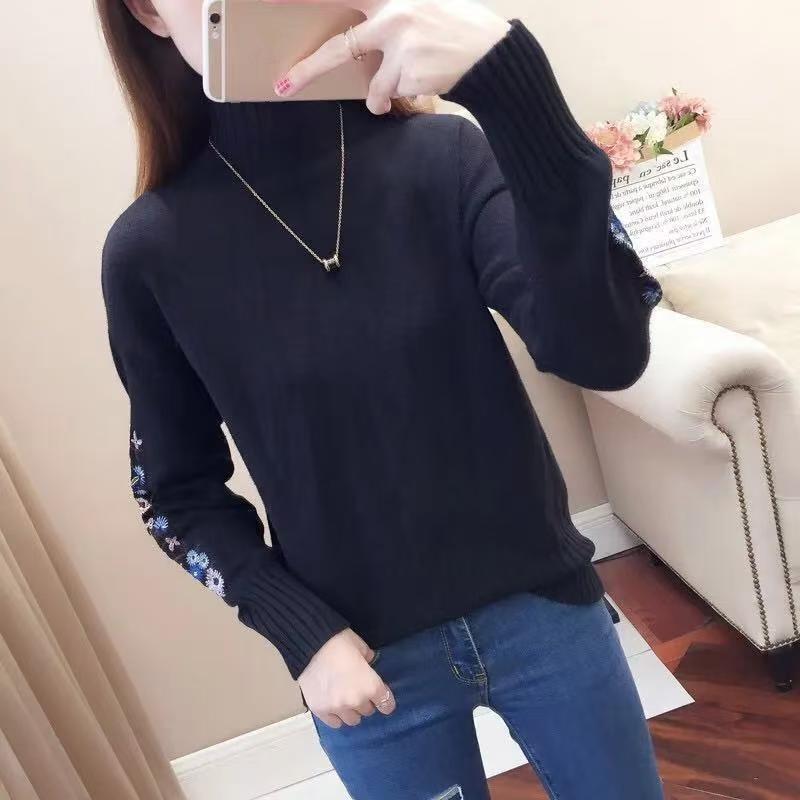 Women's Fall/Winter Korean-Style Versatile Half-Turtleneck Long-Sleeve Knit Sweater—Fitted Embroidered Sweater