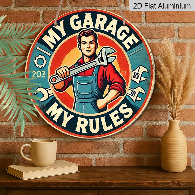 Retro My Garage My Rules Round Metal Signs 7.87x7.87Inch Aluminium Painting for Garage Wall Decor