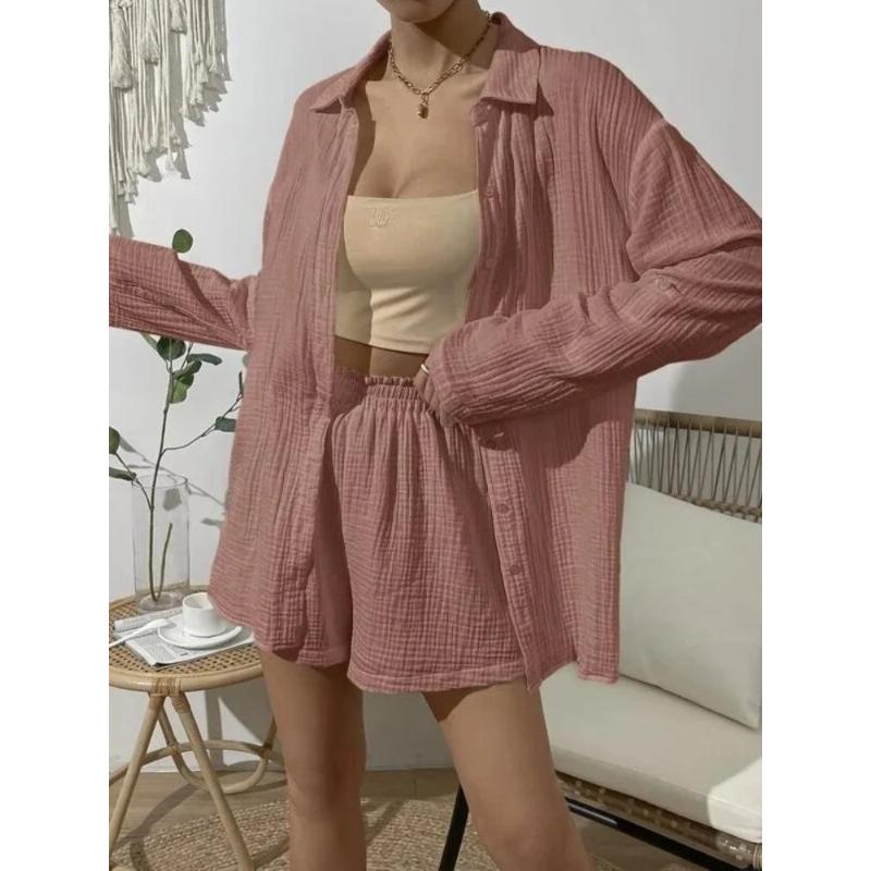 Women's Spring Summer Fashion Solid Color Long Sleeve Shirt Set Casual Loose Shorts Two-Piece Set