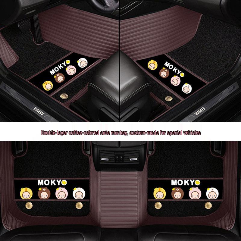 Custom Leather Car Floor Mats for Women - Cartoon Design, Double-Layer, Full Coverage
