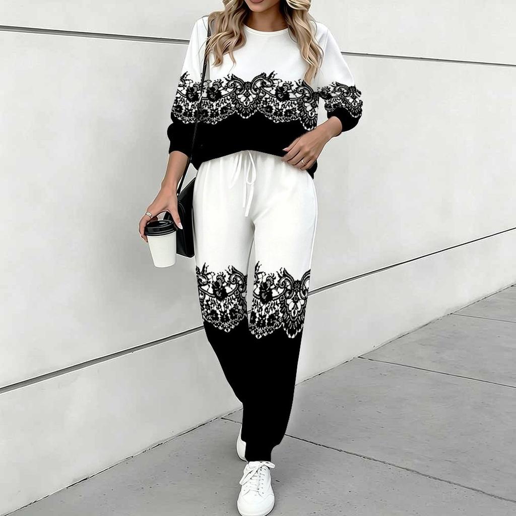 Women Floral Print Two Piece Outfit, Long Sleeve Crew Neck Top & Drawstring Jogger Pants Casual Tracksuit for Spring Autumn