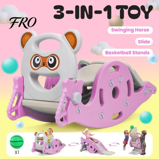 Combination Slide 4-in-1 Kids Rocking Toy, Portable for Children, Horse Long with Basketball Hoop, Convertible Freestanding Age 1-6 Boys And