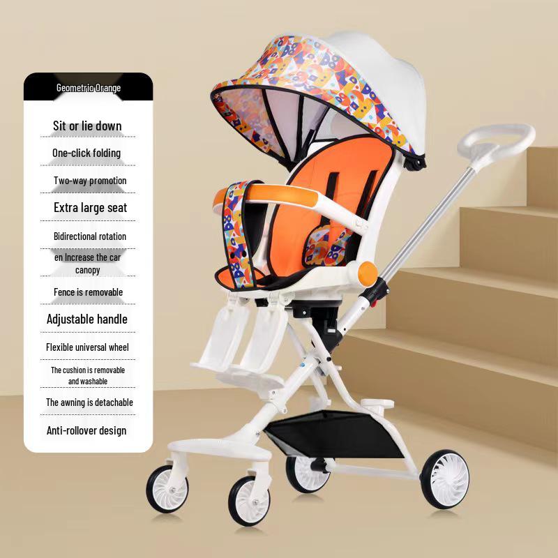 Cărucior pliabil bidirecțional cu șasiu înalt pentru bebeluș, cu patru roți