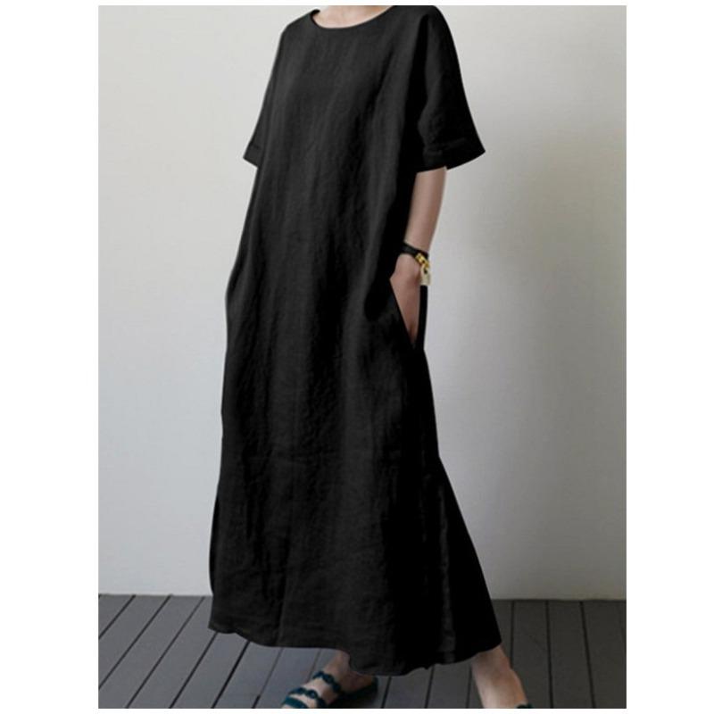

Women s 3-color cotton and linen round neck long dress wind splicing retro style elegant temperament XXXL чорний