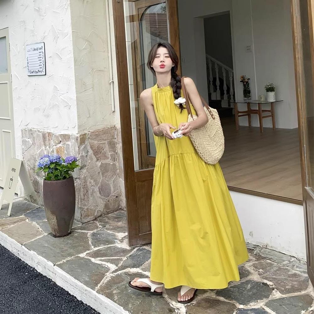 Holiday Style Super Good-looking Fairy French Yellow Neck Off-the-shoulder Dress Women's Summer New Temperament Loose Long