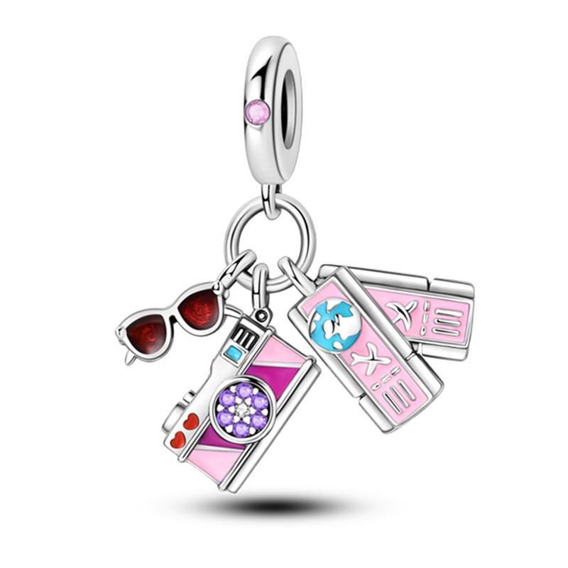 925 Silver Color Cute Vacation Cat Red Suitcase Moon Owl Charms Beads Fit Qikaola 925 Bracelets DIY Anniversary Jewelry