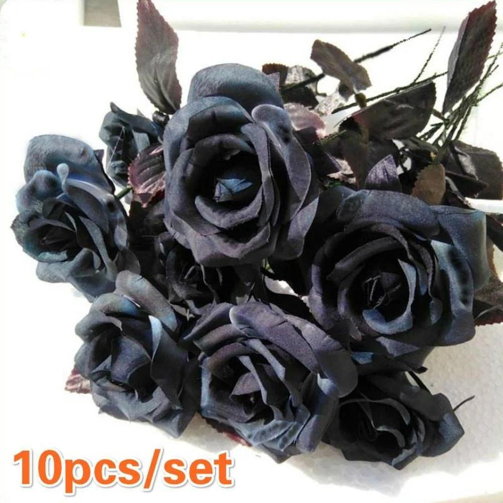10pcs/Set Artificial Black Single Rose Bouquet Halloween Ghost Festival Horror Gothic Style Dark Series Decorative Fake Flowers