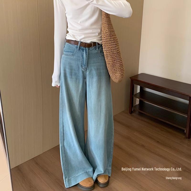 Women's Light Blue Wide Leg Jeans - Plus Size, Pear Shape, Slimming, Spring Season, Hip Covering