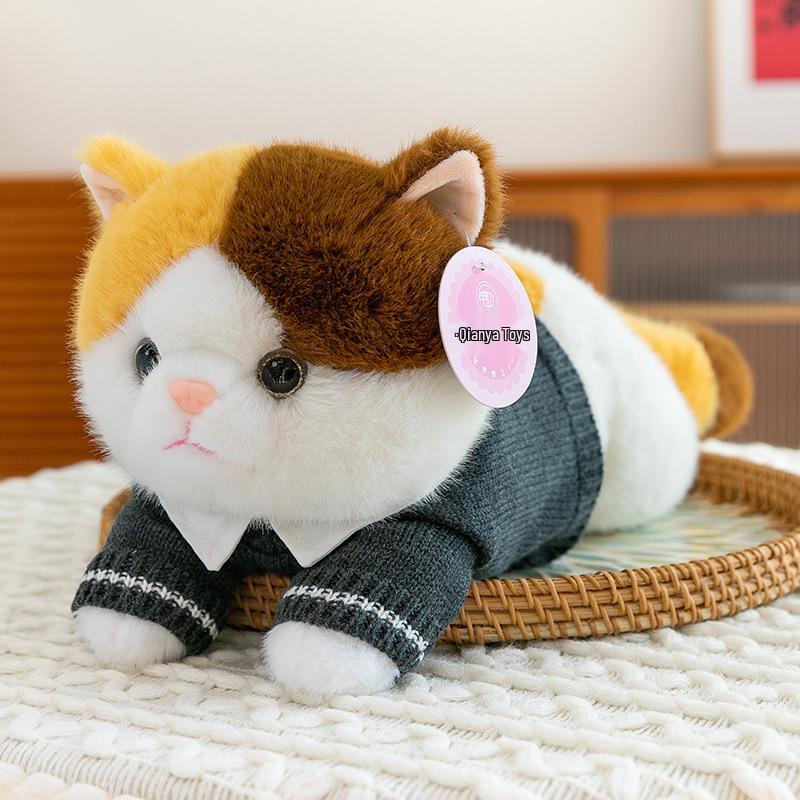 Three-Color Calico Cat Plush Toy - Lying Cat Pillow, Gift for Girls and Sleeping Companion.