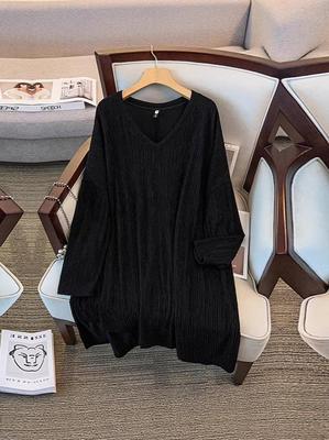 Koreaanse Stijl Grote Maten V-hals Figuurcorrigerend T-shirt met Lange Mouwen en Geplooide Textuur voor Dames