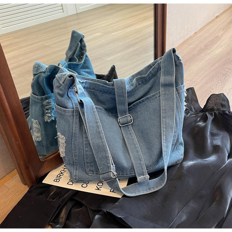 Popular portable shopping bag bag large capacity denim underarm tote bag women's bag 2025 new shoulder messenger bag