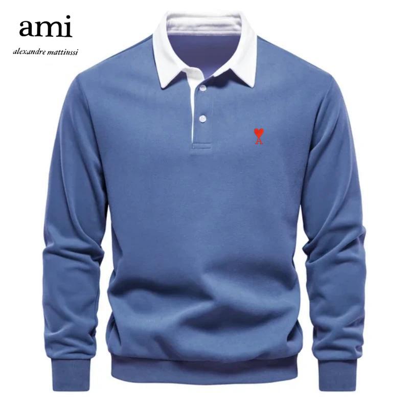 

Вишита чоловіча футболка поло з довгим рукавом з чистої бавовни AMI 2025 для осені та зими M