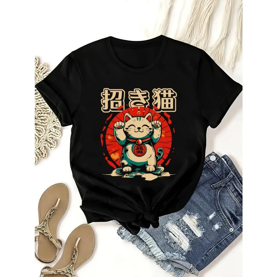 Lucky Cat Graphic T-Shirt - Cute Japanese Beckoning Cat Print, Casual Short Sleeve, Black cotton, Machine Washable XXXXXL чёрный