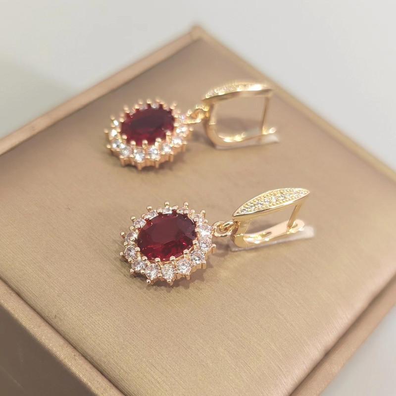 Red Oval Crystal Zircon Drop Earrings for Women 2023 New Gold Color Wedding Engagement Party Jewelry Accessories