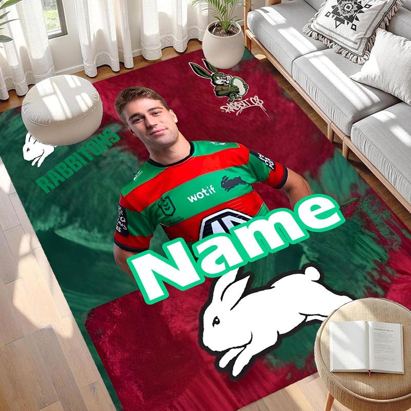 Custom Name Personalized South Sydney Rabbitohs Print Carpet, Versatile Home Decor Rug, for Playroom, Apartment, Balcony, Entryway, Hallway Gift
