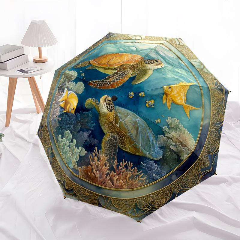 Sea Turtle Pattern, Automatic Folding Umbrella, Portable and Foldable Design, 8 Ribs, a Christmas or Birthday Gift.