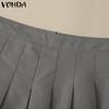 VONDA Women Zipper Up Waist Solid Color Mesh Patchwork Mini Pleated Skirts