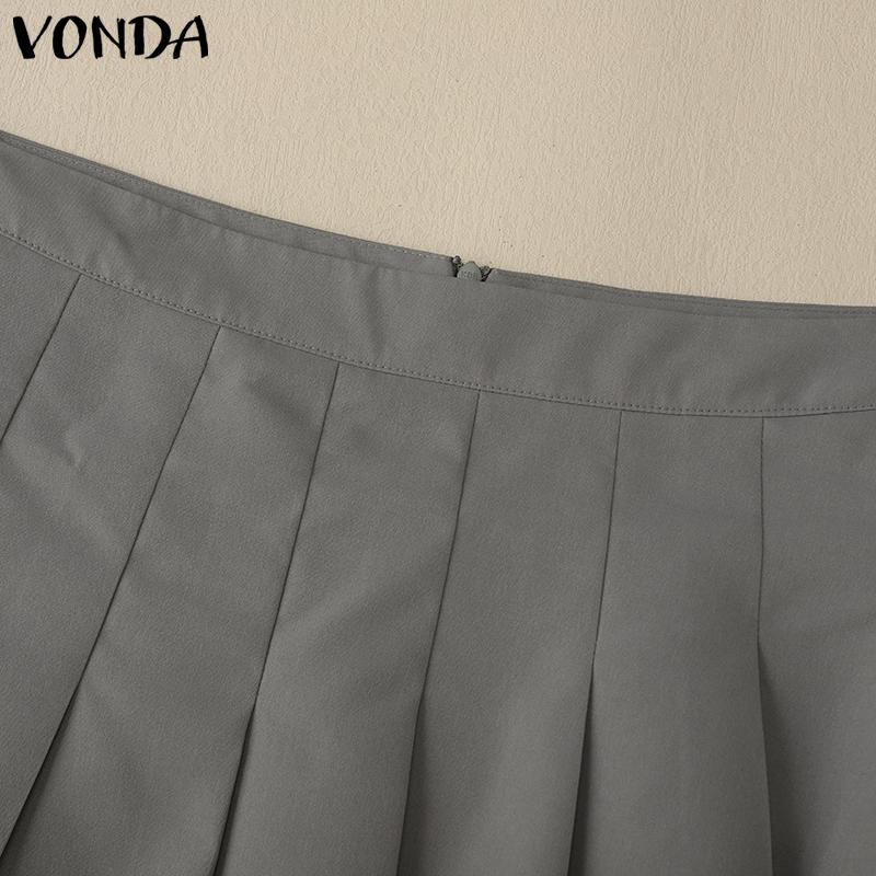 VONDA Women Zipper Up Waist Solid Color Mesh Patchwork Mini Pleated Skirts