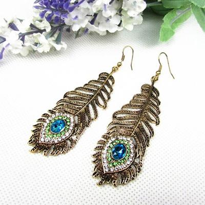 Vintage Women Rhinestone Peacock Eye Feather Dangle Hook Earrings Jewelry