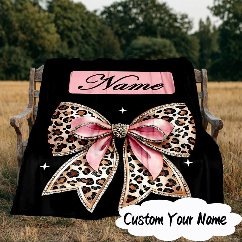 Custom Name Leopard Print Bow Blanket  Ideal Bedding Blanket Perfect for Travel, Camping, Living Rooms, Offices, Sofas, Fan Christmas gift