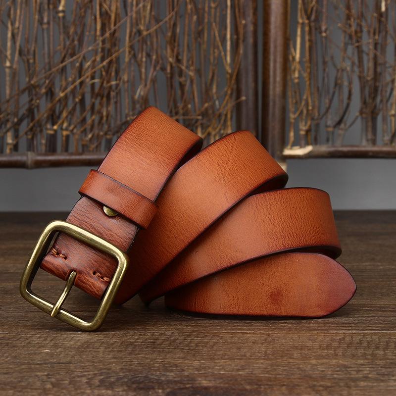 Personalized Leather Pin Buckle Pure Copper Men'S Belt, Male Trendy Young People Pure Cowhide Retro Belt