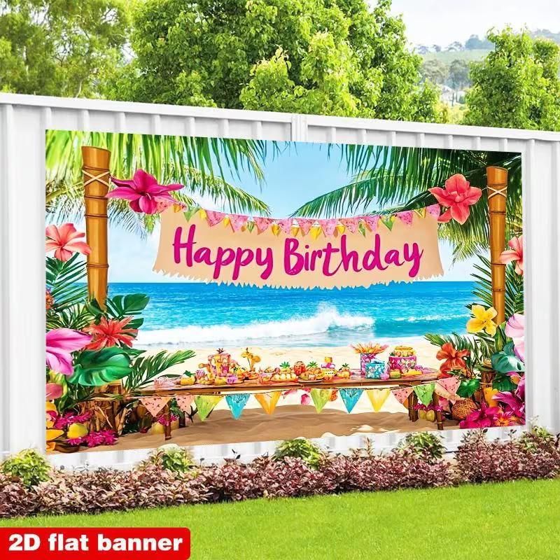 2D Luau Party Backdrop, Tropical Beach and Flowers for Kids Birthday Photoshoot