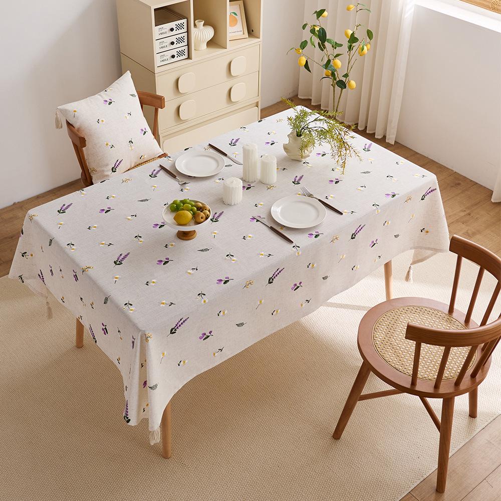 Polyester linen tablecloth waterproof lavender embroidery light luxury atmosphere decorative cloth coffee table tablecloth rectangular dining table