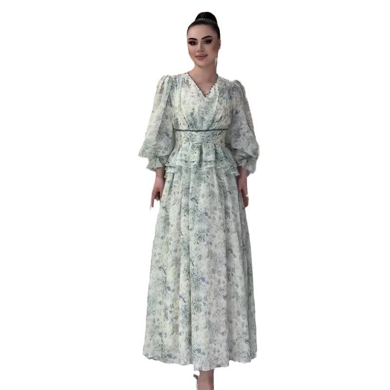 2024 Autumn Elegant High Waist Printed Spliced Two-Piece Long Dress