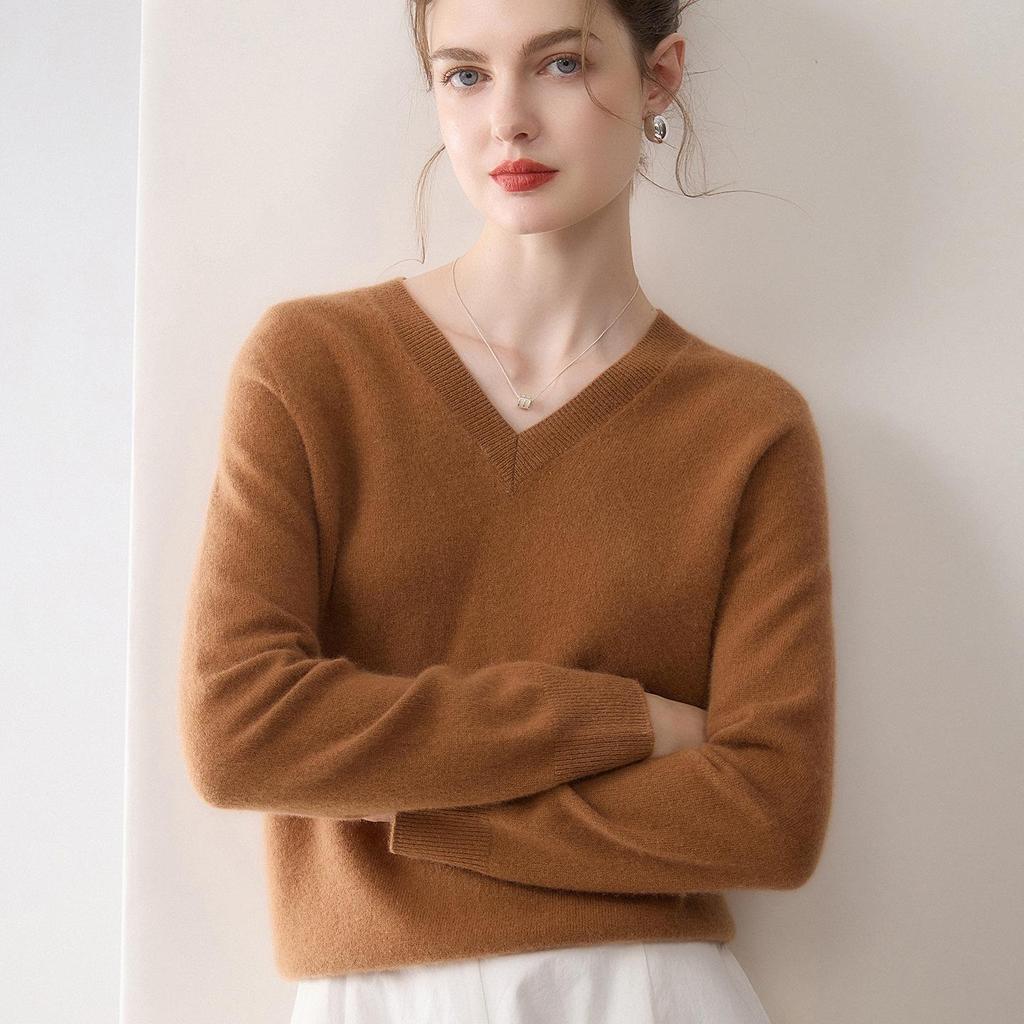 Women's 100% Cashmere V-Neck Long Sleeve Slimming Knit Pullover