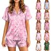 Women Bow Print Short Sleeve Button Down Shirt and Pocketed Shorts Pajama Set with Relaxed Fit for Homewear Sleepwear