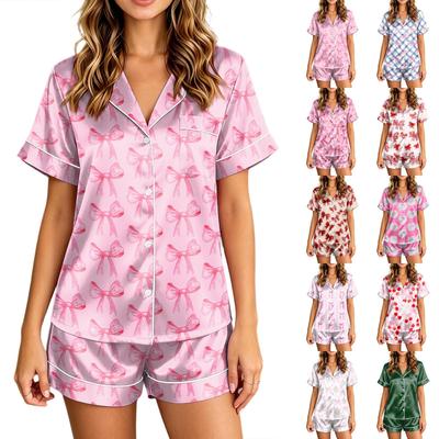 Damen Pyjama-Set mit kurzärmeligem Hemd mit Knopfleiste und Taschenshorts, mit Schleifendruck, lockere Passform für Haus- und Nachtwäsche
