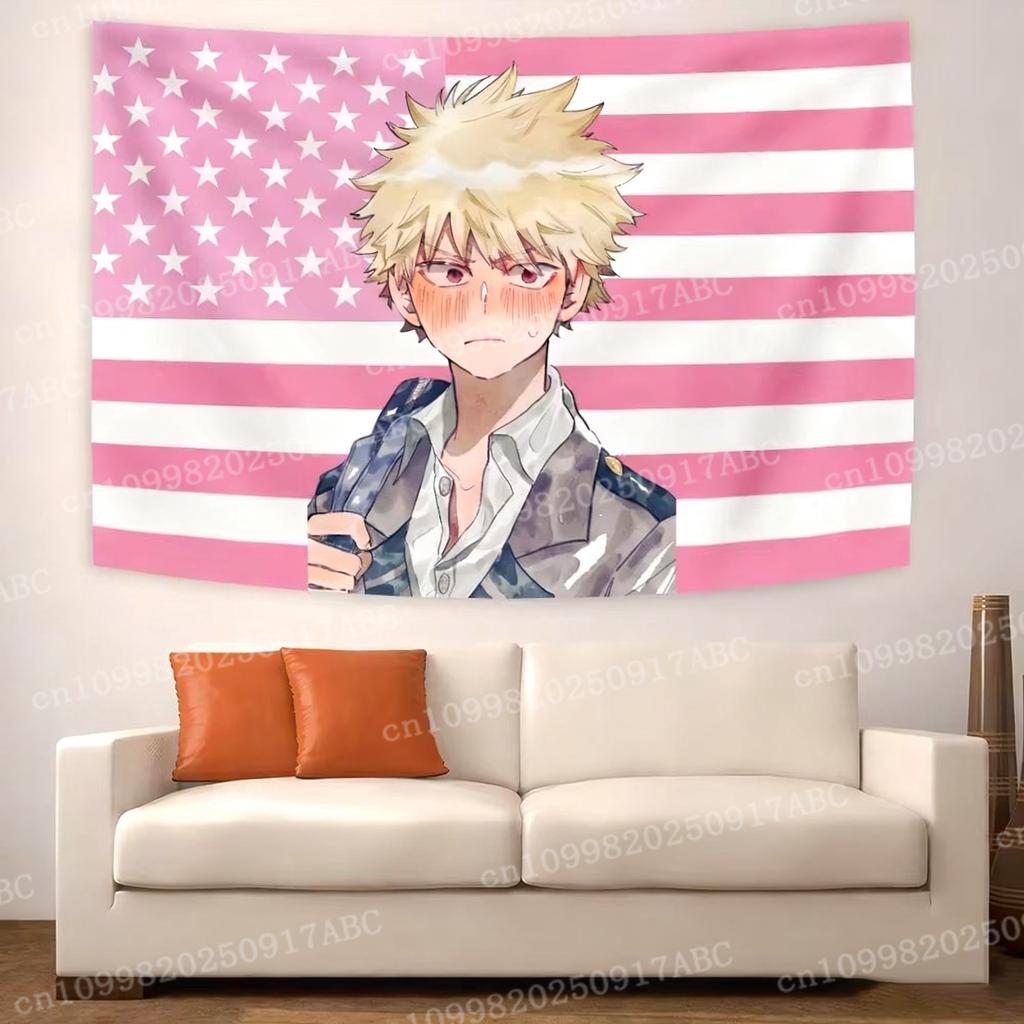 Katsuki Bakugo Tapestry  Pink US Flag Anime Wall Hanging Ideal for My Hero Academia Fans  Otaku Bedroom Decor
