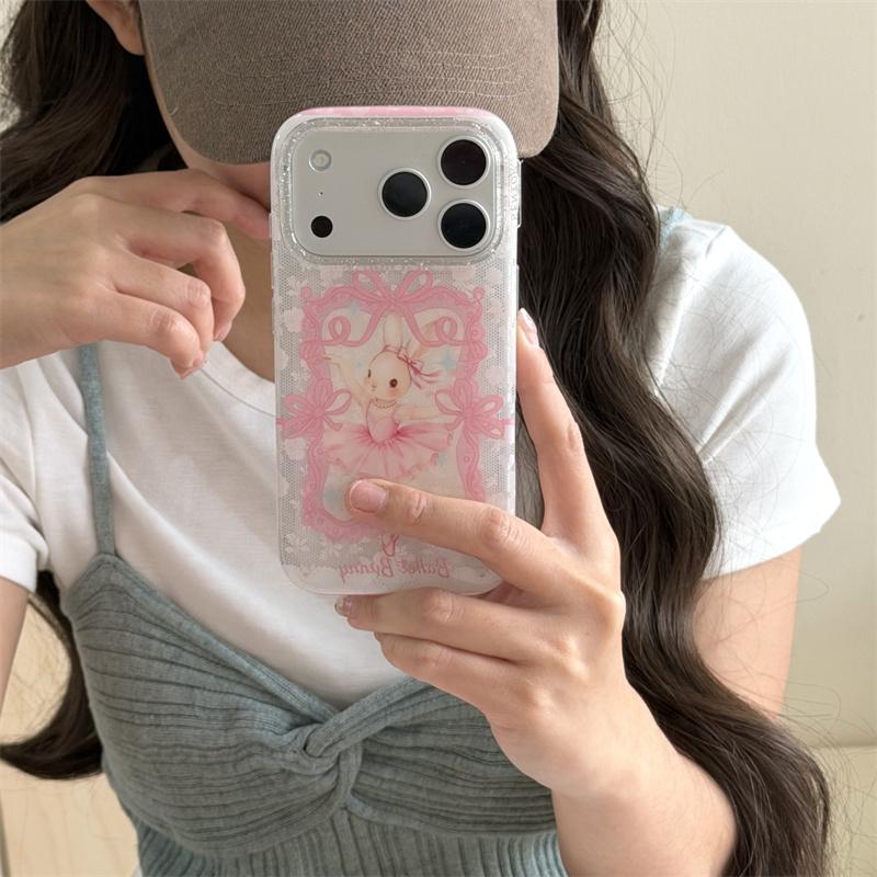 New 2026 INS Pink Ballet Bunny Lace Phone Case For iPhone 17 16 15 14 Pro Max with Rhinestone and Beaded Chain Shockproof Cover