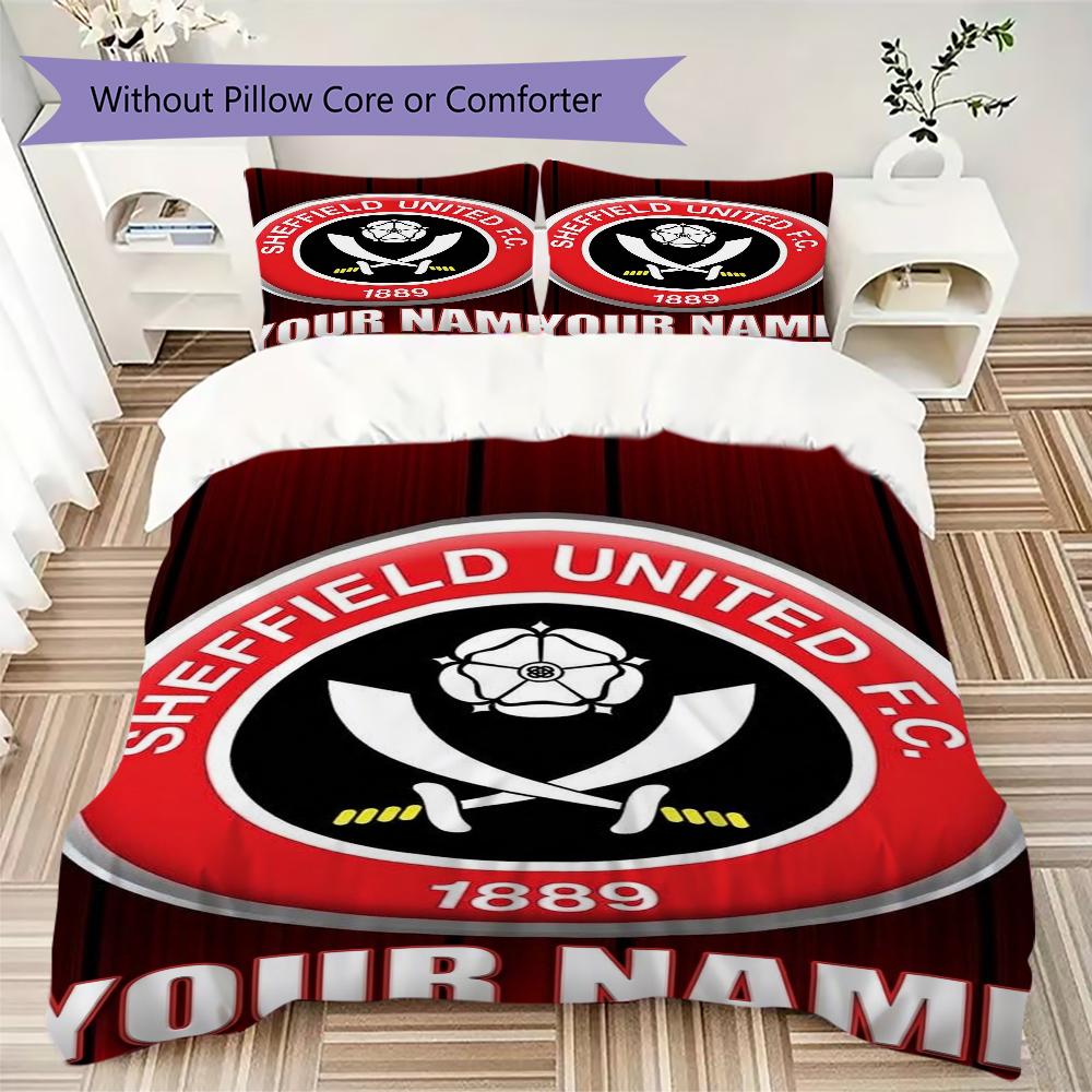 Benutzerdefinierter Name Sheffield United FC Muster Bettwäsche Steppdecke Set Steppdecke Bezug Kissenbezug Heimdekoration Geburtstagsgeschenk (1*Bettbezug+2*Kissenbezug ohne Füllung)