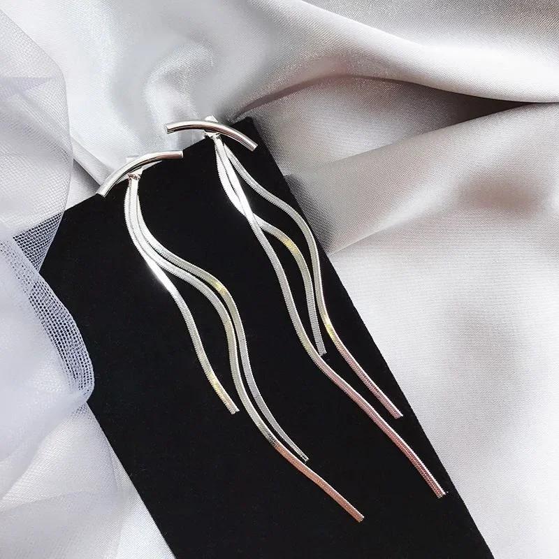 Vintage Long Gold Color Earrings Shiny Thread Tassel Drop Earrings For Women Luxury Hanging Korean Elegant Wedding Party Jewelry