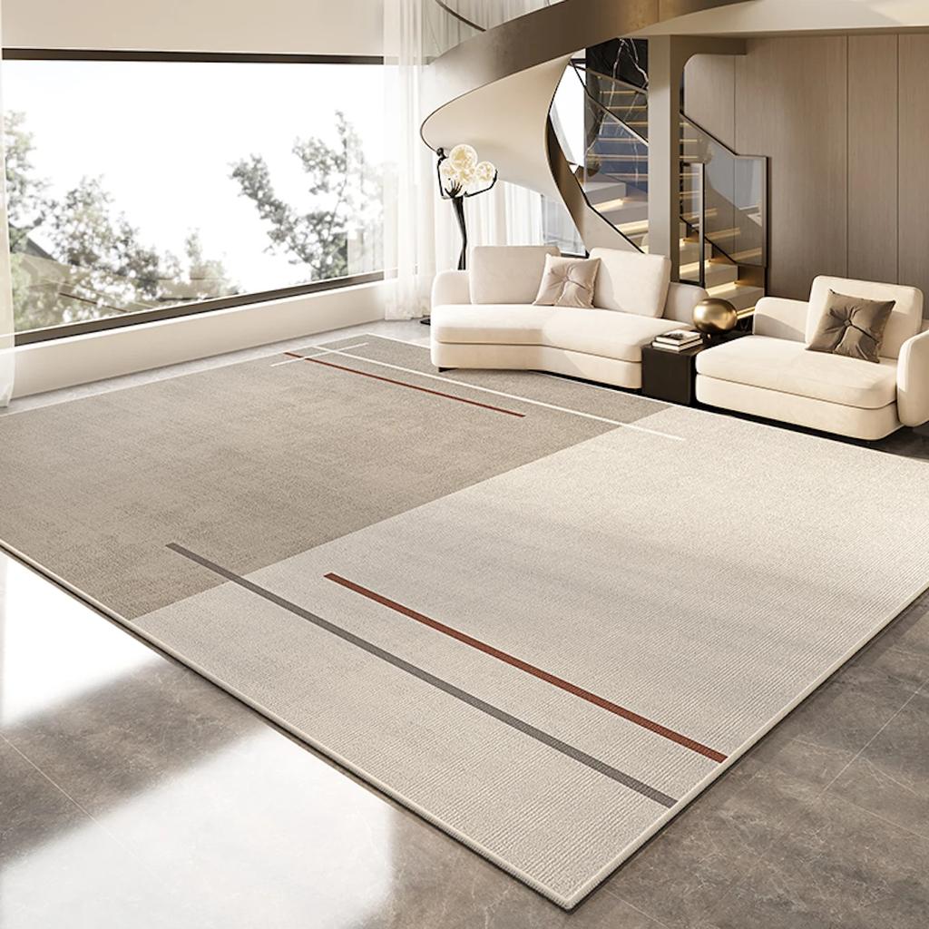 Minimalistyczny dywan w kremowym stylu do salonu na dużej powierzchni, mata podłogowa, sofa, stolik kawowy i koc do dekoracji domu