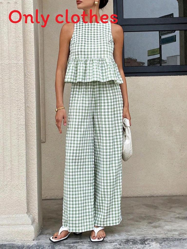 Casual Plaid Sleeveless Twopiece Set With Ruffle Hem For Women Spring Summer Comfort