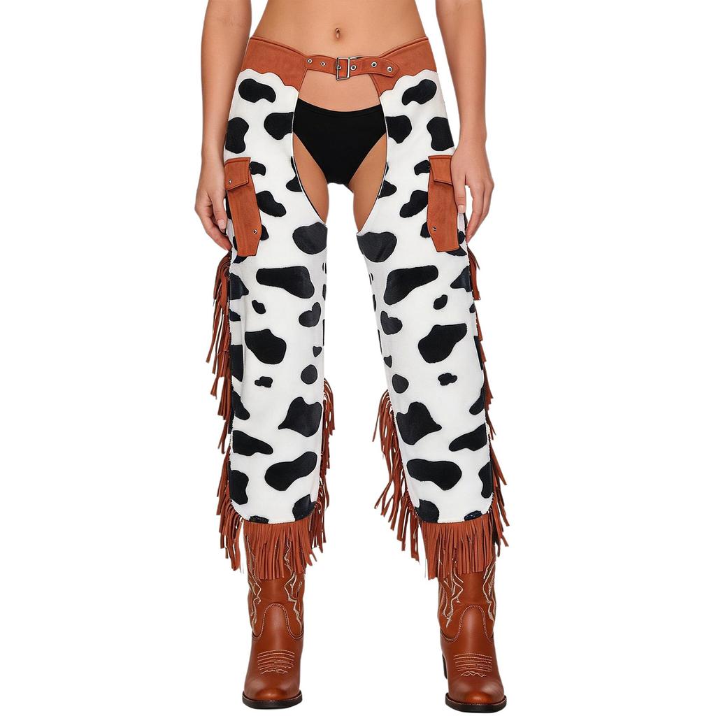 Cowboy Fringe Chaps Pants Cow Pattern Flannel Tassel Patchwork Adjustable Waist Trousers for Men Western Vintage Party Outfit