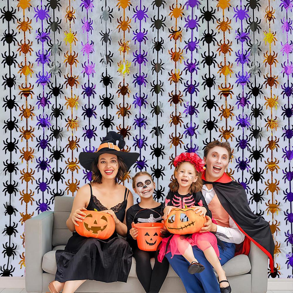 Runtowo 1x2M Pumpkin Bat Spider Foil Fringe Backdrop ,Halloween Party Ribbon ,Ghost House, Halloween Horror Background Decor