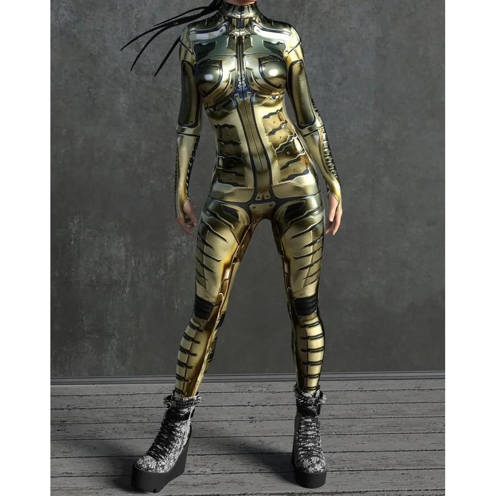 

Унисекс Киберпанк 3D цифровая печать Хэллоуин вечеринка ролевая игра наряд для женщин мужчин косплей костюм карнавальный комбинезон Adults XXXL золотой