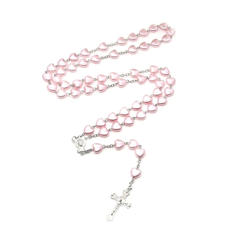 Catholic Pink Heart Bead Rosary Necklaces Mary Heart Cross Religious Amulets for Women Girl Jewelry Meditation Gift 1