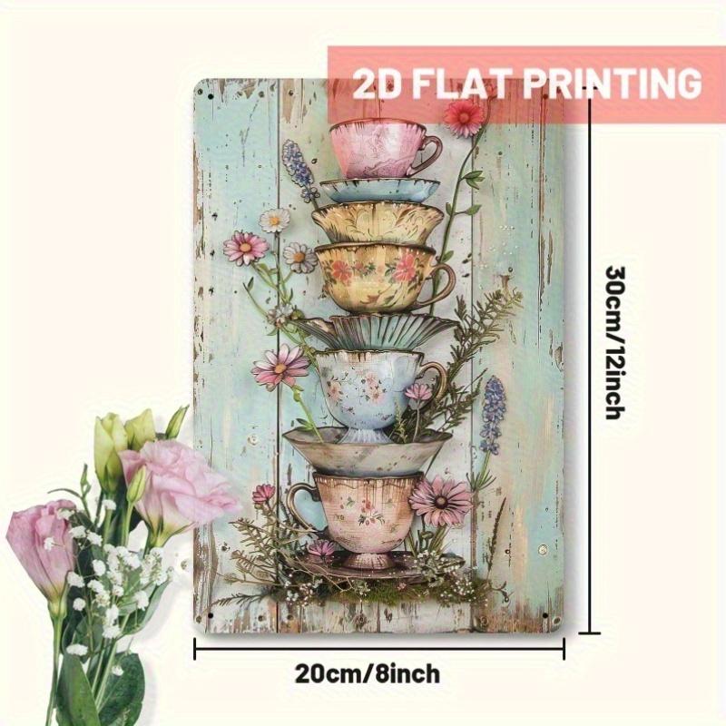 

Vintage Floral Teacup Stack Metal Sign x Inch Rustic Wall Art Featuring Pastel Colored Teacups and Wildflowers 20x30cm（7.8x11.8inch）