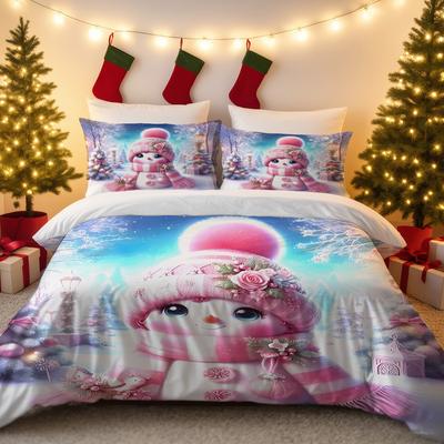 3-teiliges rosa Weihnachts-Schneemann-Druck Bettwäscheset ohne Chips, Schlafzimmer-Wohnheim Weicher Bettbezug, Mehrere Größen, Maschinenwaschbar
