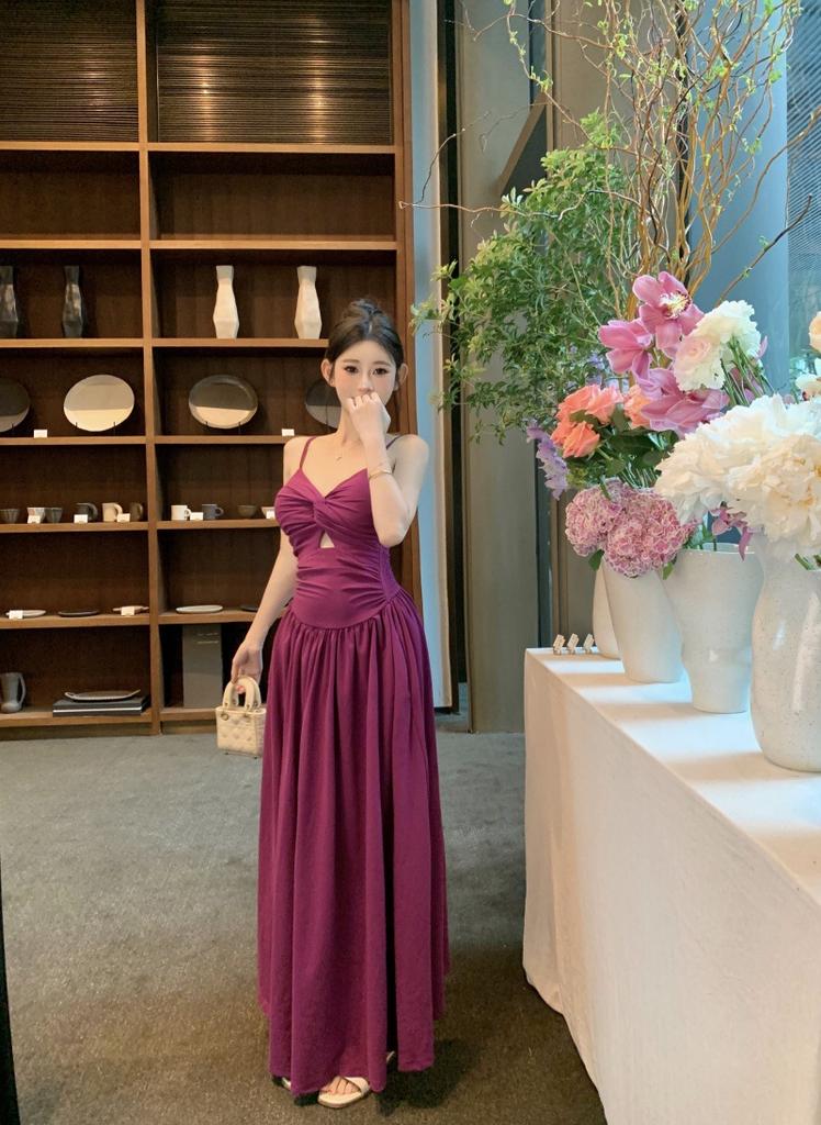 Summer new suspender skirt pure desire wind careful machine hollow chic photo vacation Muse dress purple skirt