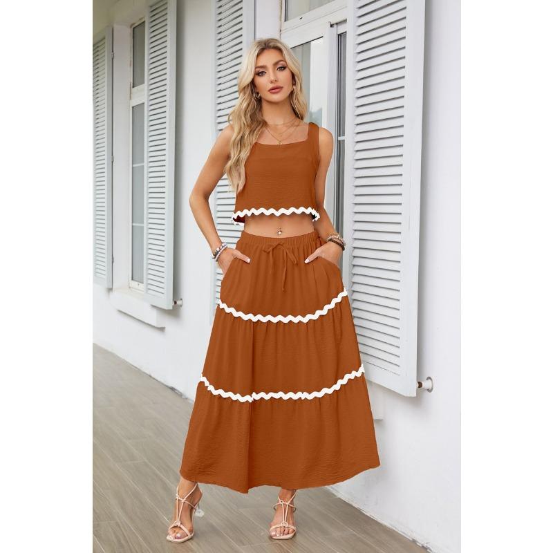 Letní dámská krajková koláž bez rukávů Krátká vesta sukně s vysokým pasem a dlouhými šaty